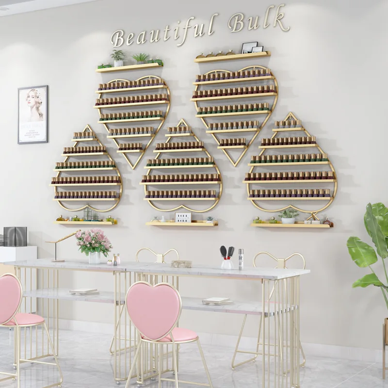 Instagram influencer nail art rack, wall-mounted shelf, heart-shaped nail salon iron nail polish gel rack, display rack in gold