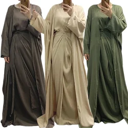 3 Piece Matching Muslim Sets Eid Ranadan Abayas Women Dubai Hijab Dress Open Abaya Kimono Islam Modest Outfits Wrap Skirt Suit