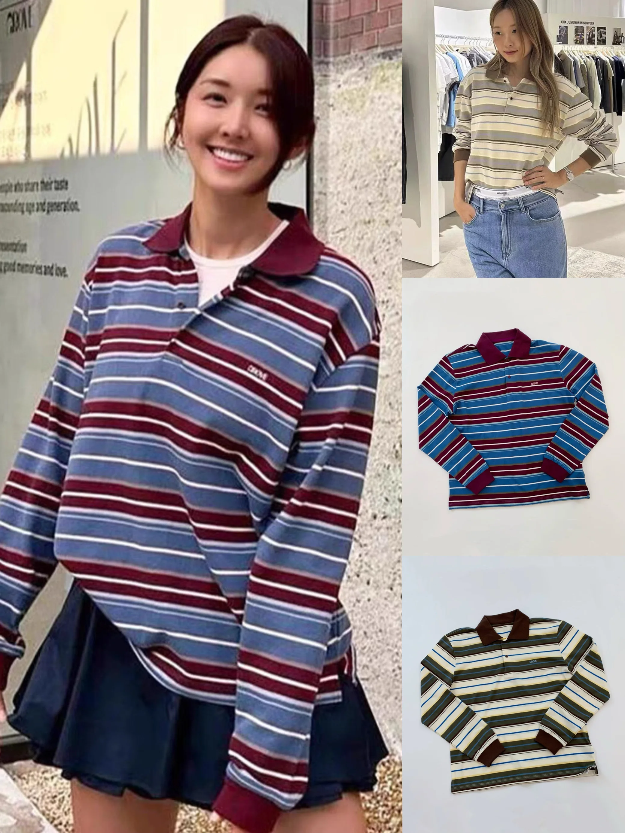 

Candy Miss Korean Style Long Sleeve Neck Striped T-Shirt Women's Top Vintage Fashion Casual Wear for Young Women