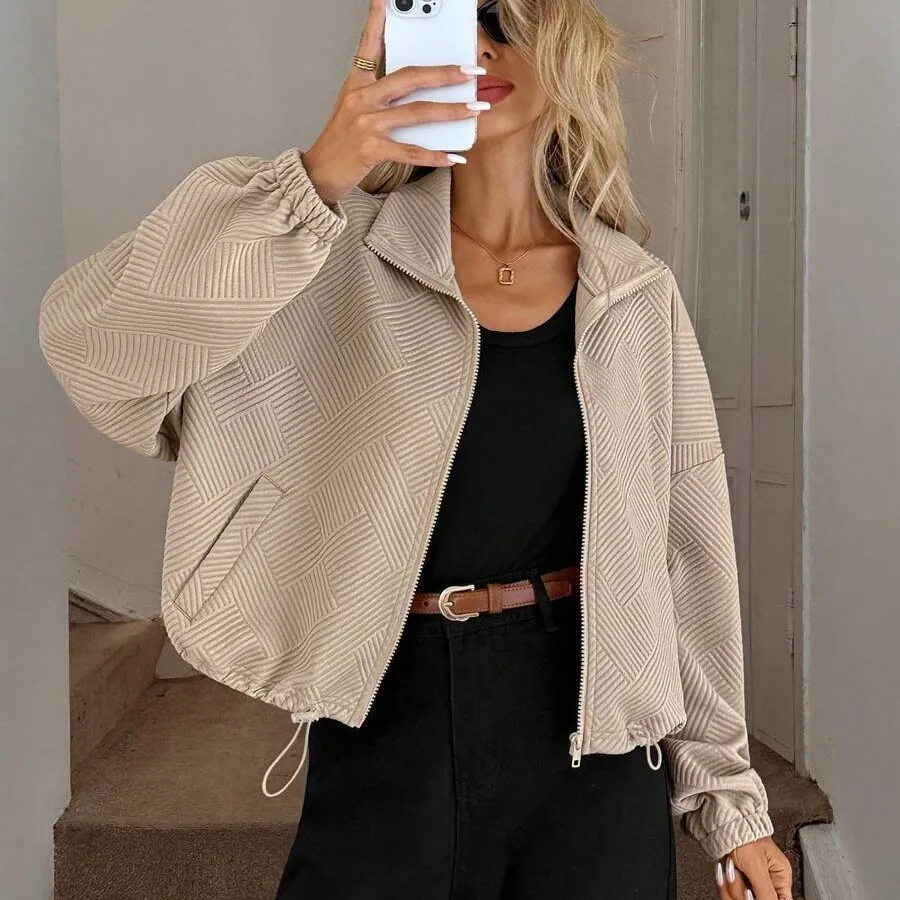 Women Geometric Textured Zip Up Jacket Stand Collar Long Sleeve Drawstring Hem Cropped Coat Loose Casual Solid Color Outerwear V