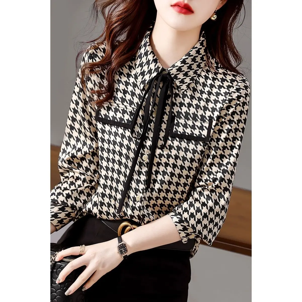 Houndstooth Single Breasted Blouses for Lady, Lacing Shirt, Korean Top, Elegant and Fashionable, Spring and Autumn, 2024 New