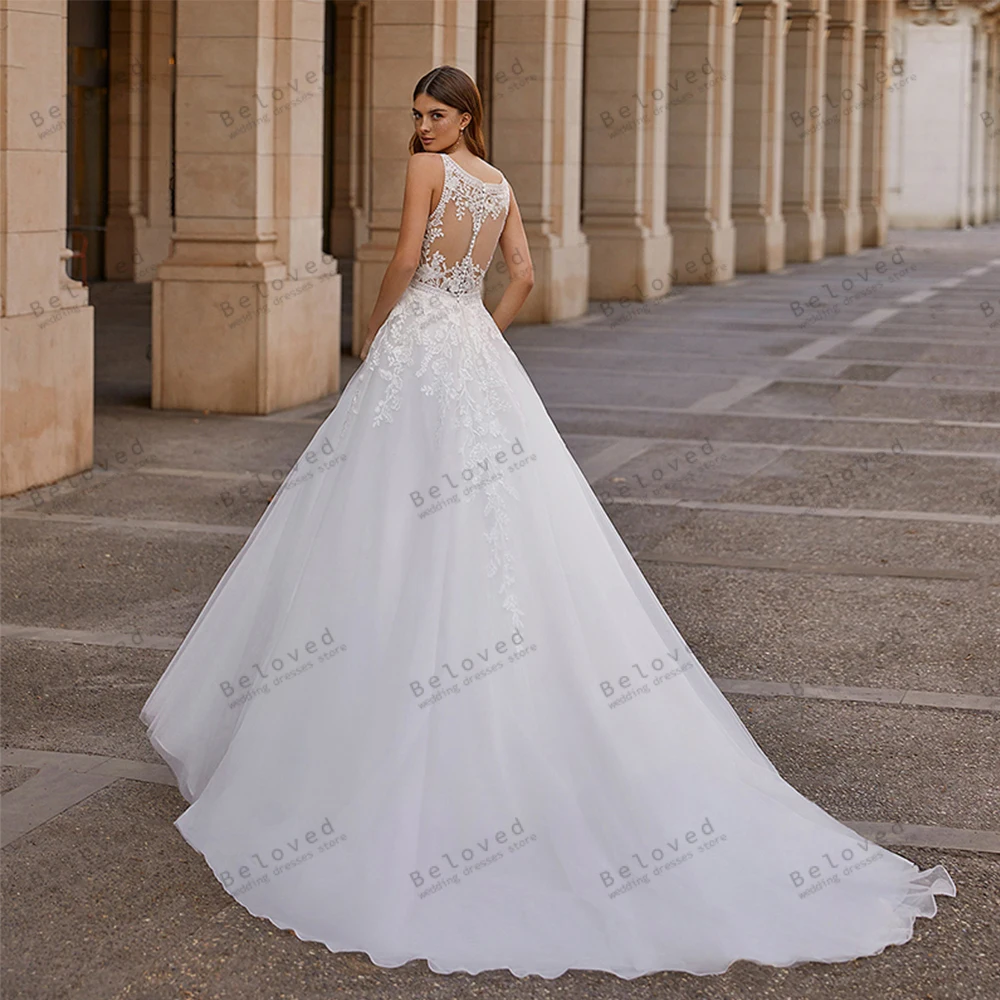 Vestidos De Novia Vintage Línea A vestidos De Novia escalonados De tul Apliques De encaje sin mangas bata con cuello en V profundo Vestidos De Novia personalizados