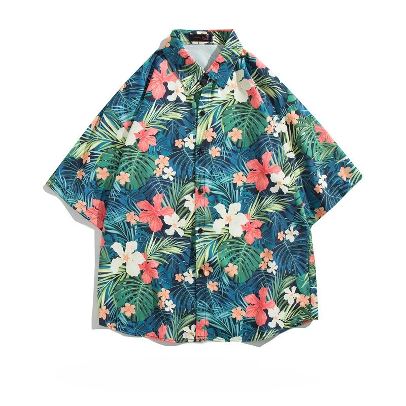 Summer Men's Beach Seaside Surfing Short Sleeve Floral Shirt Loose Casual Handsome Hawaiian Travel Half Sleeve Printed Shirt