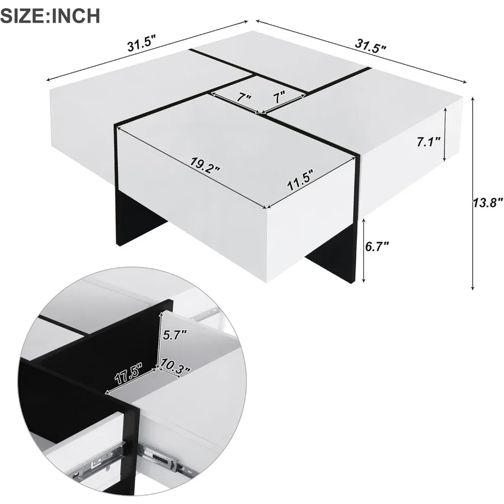 Meja kopi, meja kopi yang dapat diperpanjang dengan 4 kompartemen penyimpanan tersembunyi, Meja koktail pusat persegi dengan meja geser