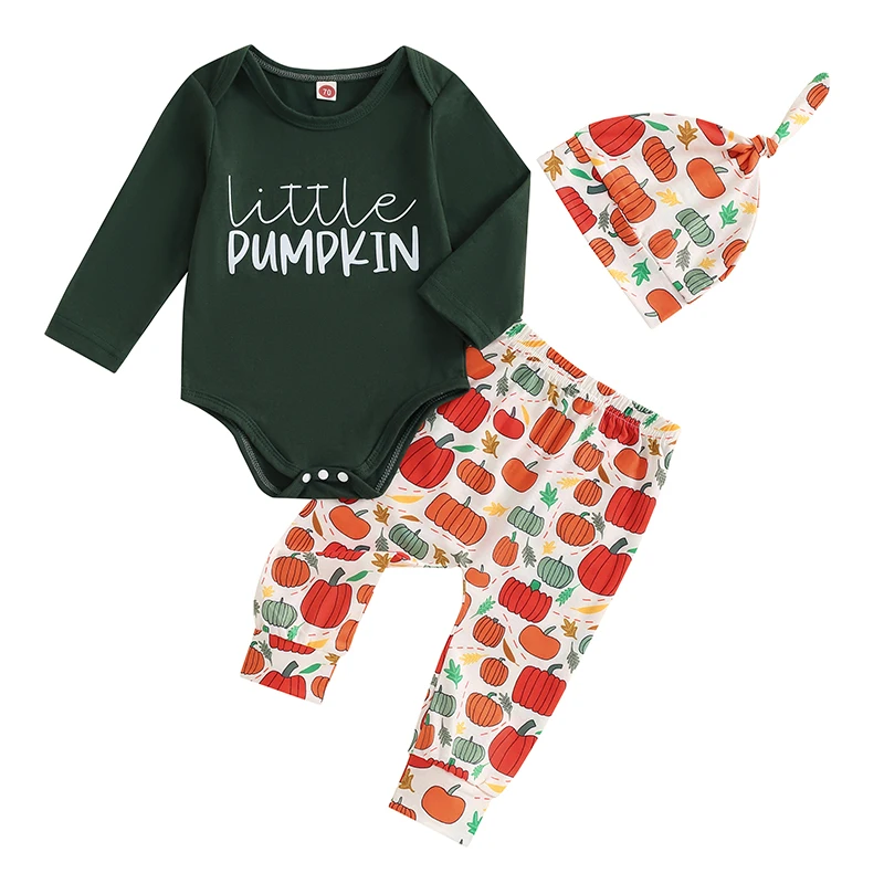 Baby Jungen Outfit Langarm Buchstaben drucken Stram pler Kürbis Print Hosen Hut Halloween Kleidung