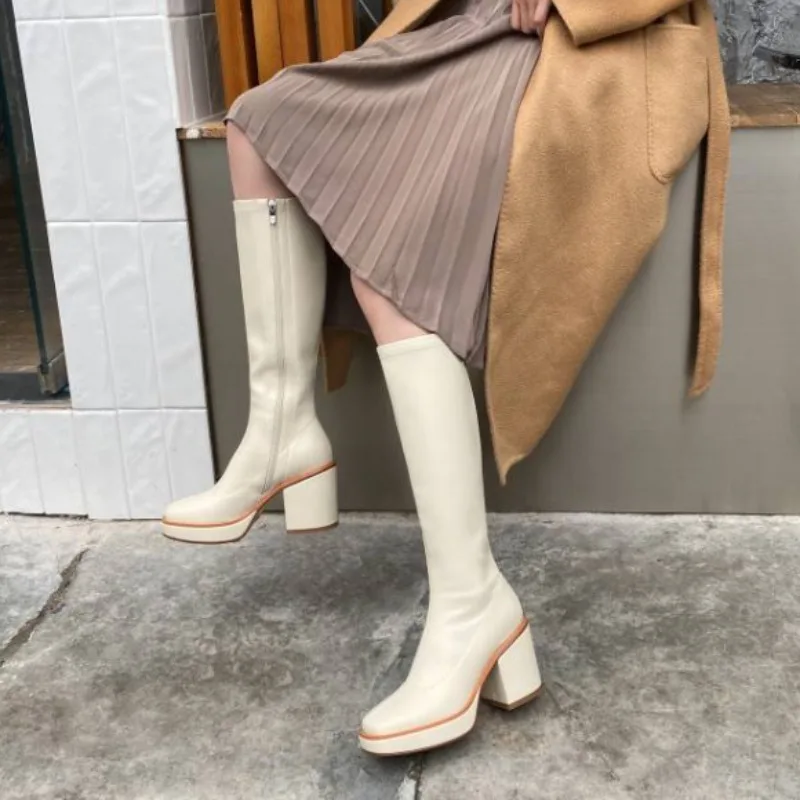 

Designer Knee High Boots Women 2025 Autumn Winter Shoes Punk Block Heel High Boots For Women Square Toe Comfortable Chelsea Boot