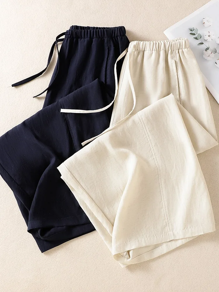 Summer Casual Wide Leg Pants Women's Cotton Linen Balloon Pants Drawstring Elastic Waist Retro Style Nine Points  Linen