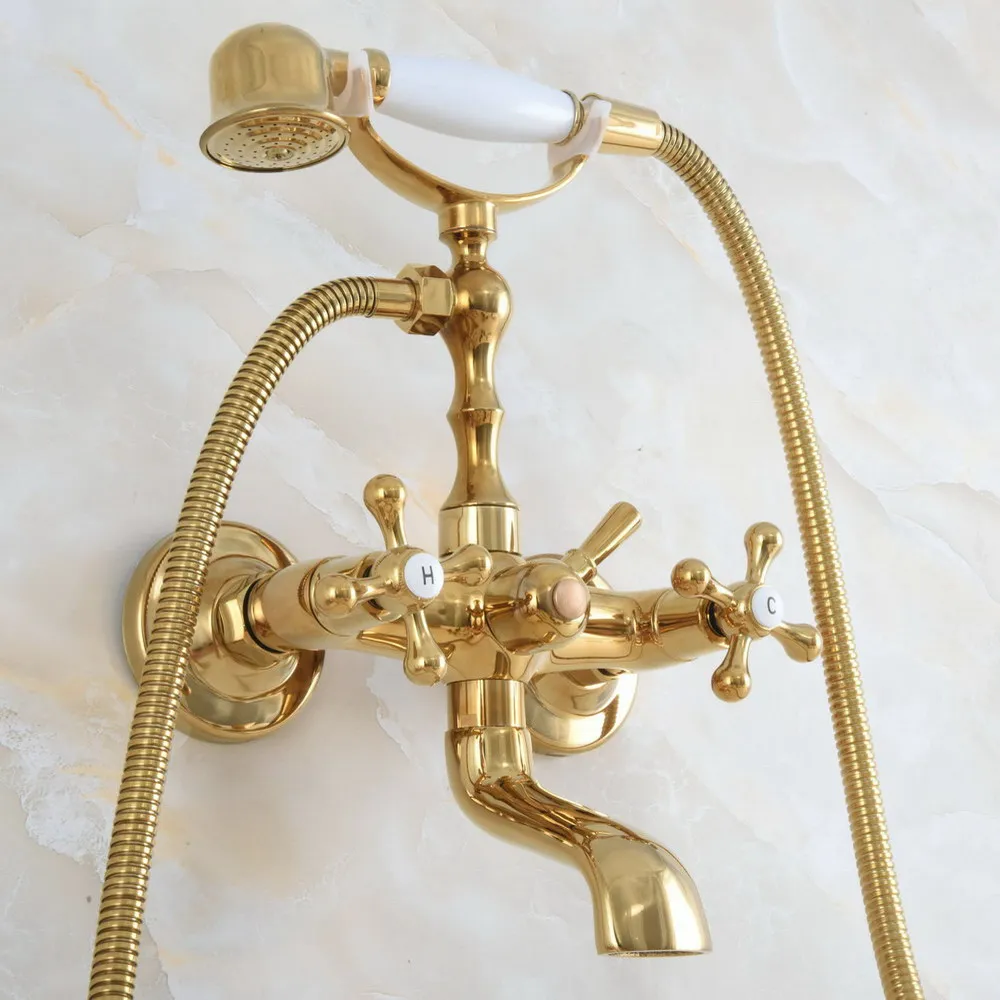 Luxury Gold Color Brass Wall Mount Bathroom Bath Tub Faucet Set WITH/ 1.5M Handheld Shower Spray Head Mixer Tap Dna853