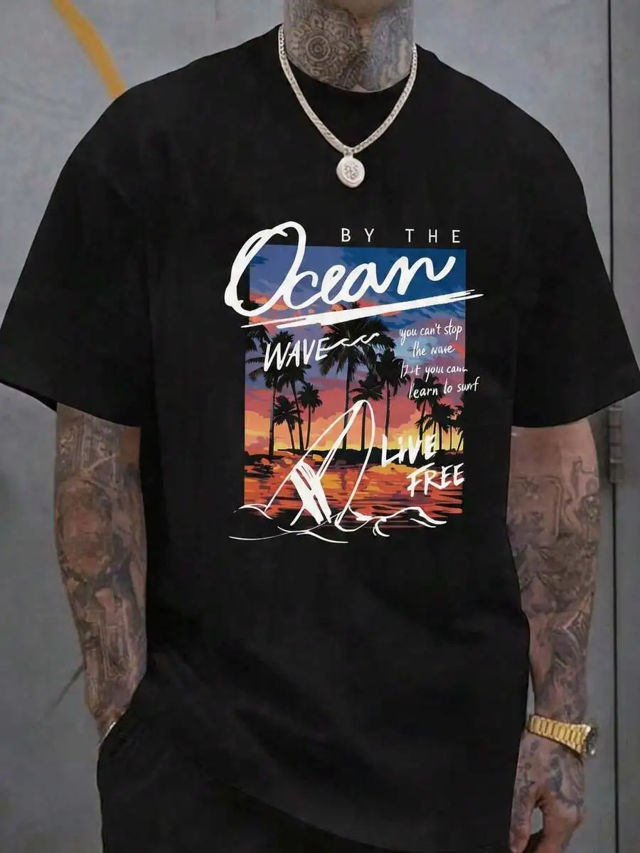 

Mens Ocean Print Round Neck Casual Short Sleeve T-Shirt