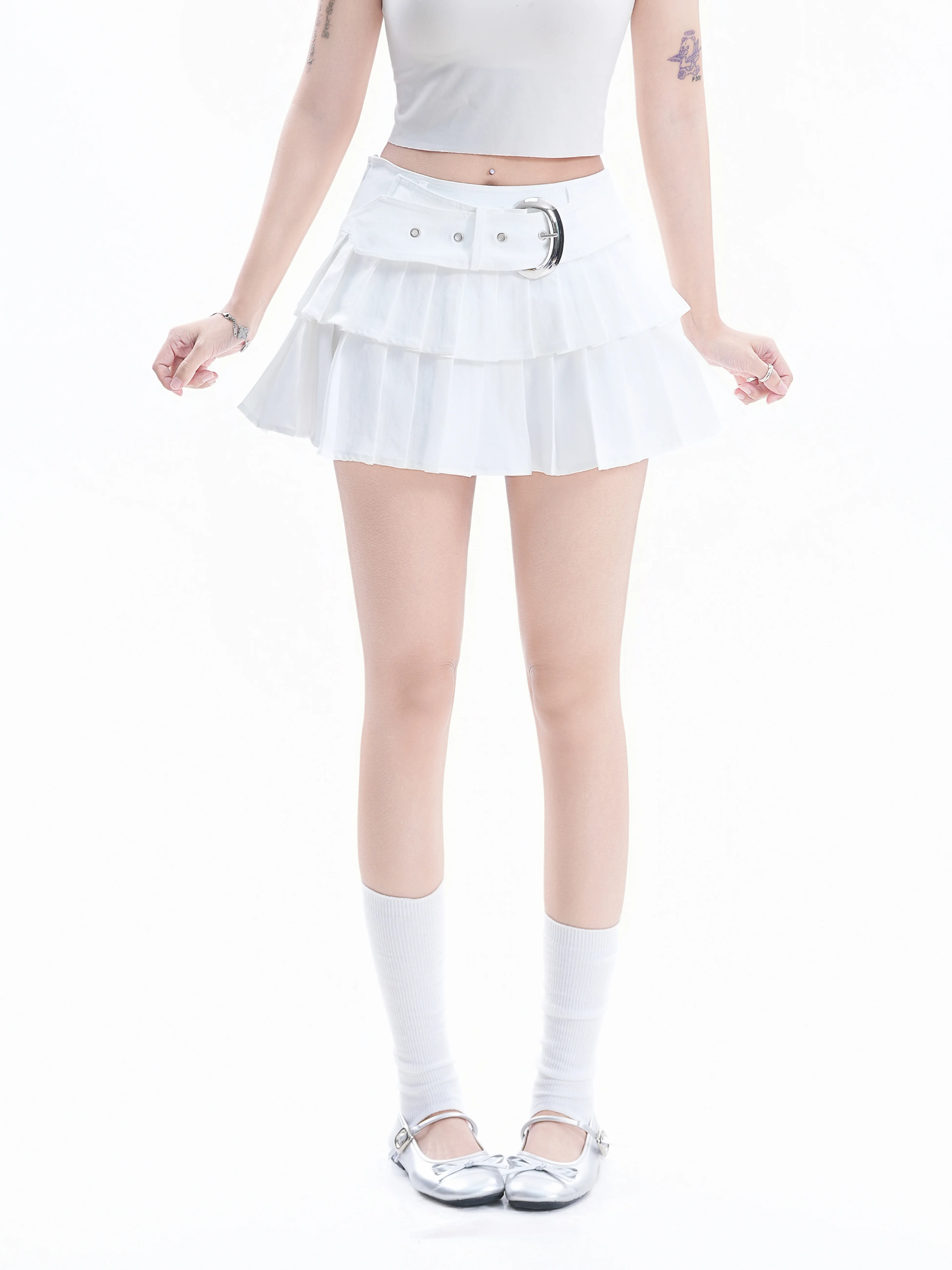 

American College Style Pleated Skirt Women Summer Waist Belt Versatile Slimming Girl Cake Skirt Polyester Fiber