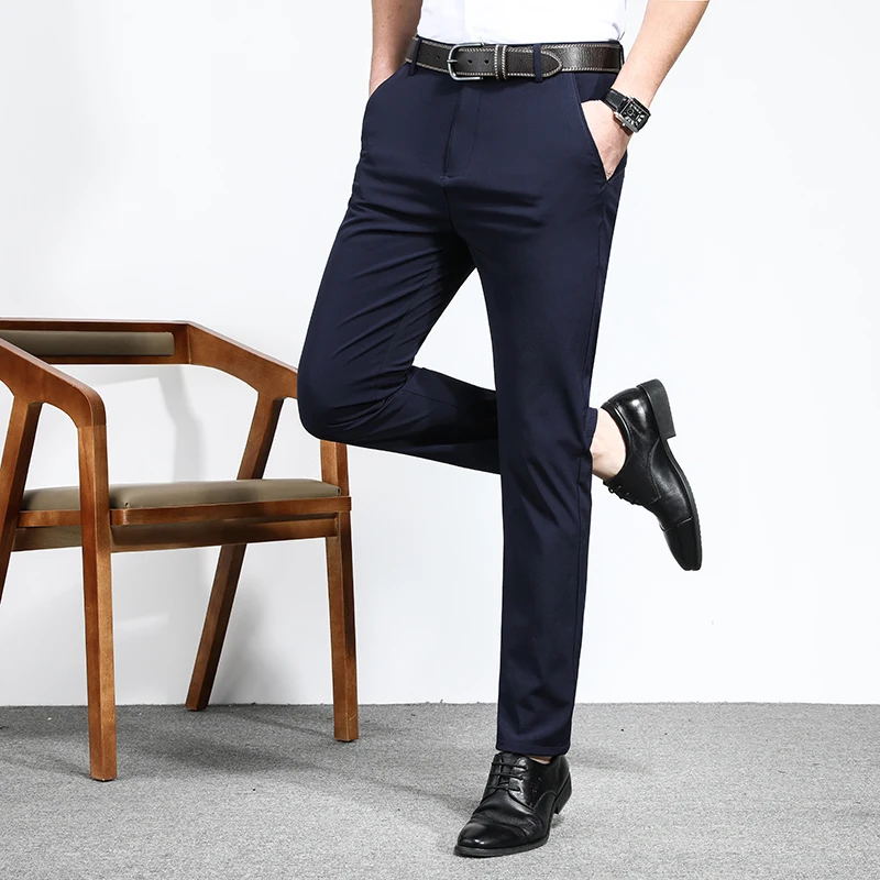 Fashion Basic Trousers Pockets Summer Business Casual Solid Color Straight Mid Waist Button Men's Clothing Spliced Suit Pants