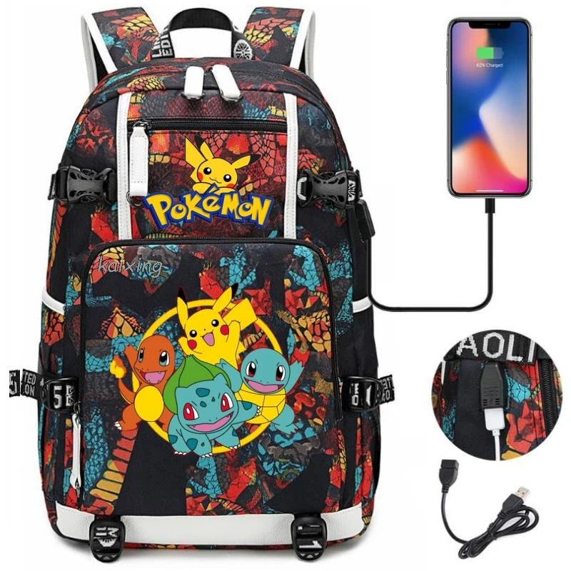 Hot MINISO Set Pikachu Pokémon Men Women USB Charging Laptop Travel Backpacks Boys Girls Teenager Student School Bags Mochila