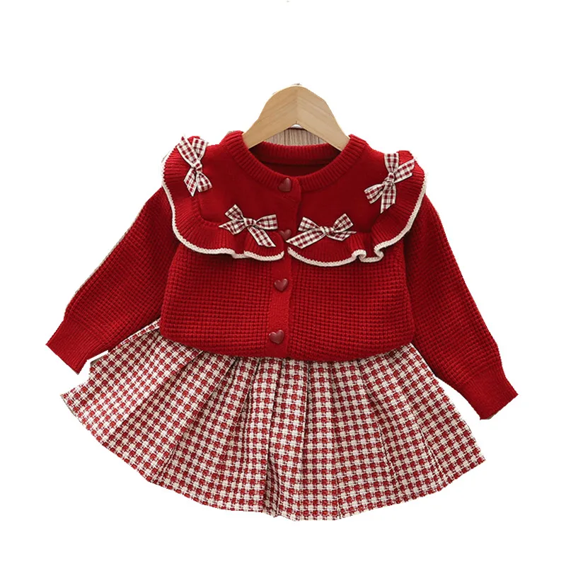 Girls Knitted Clothing Sets Spring Autumn Children Woolen Jersey Sweaters Coats Skirts Party Dress Suit For Baby Outfits Kids 6Y