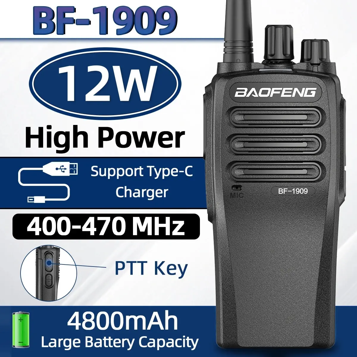 BaoFeng BF 1909 12W High Power Walkie Talkie Lange Bereik Tweeweg Radio Type C Opladen Zender Upgrade BF 888S UV 5R UV 82