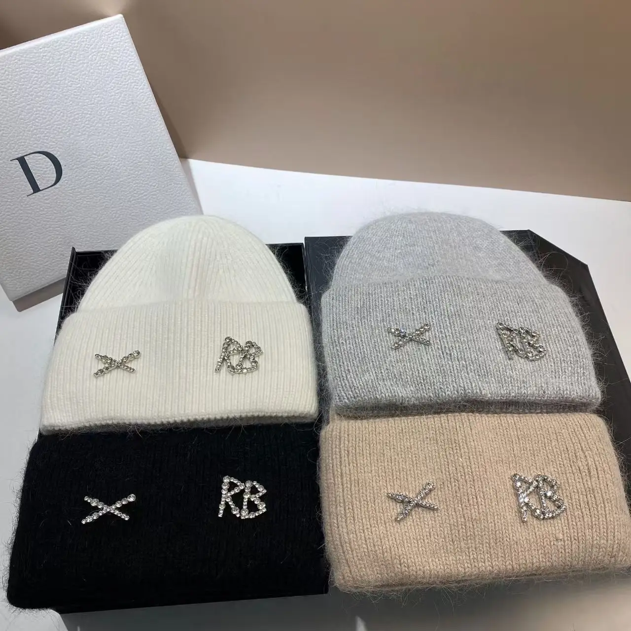 100% Rabbit Fur Diamonds Letter Beanies Hats For Women Winter Warm Knitted Hat Famous Brand Lady Casual Bonnet Skiing Cap