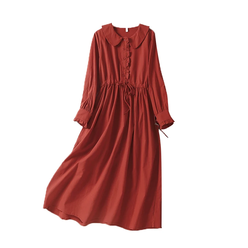 2024 New Spring Autumn Cotton Linen Long Sleeve Vintage Dresses For Women Casual Red Dress Robe Femme Elegant Fashion Clothing