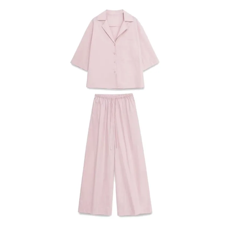 2025 moda primavera e outono casual rosa terno lapela meia manga botão camisa + calças de perna larga conjunto de 2 peças
