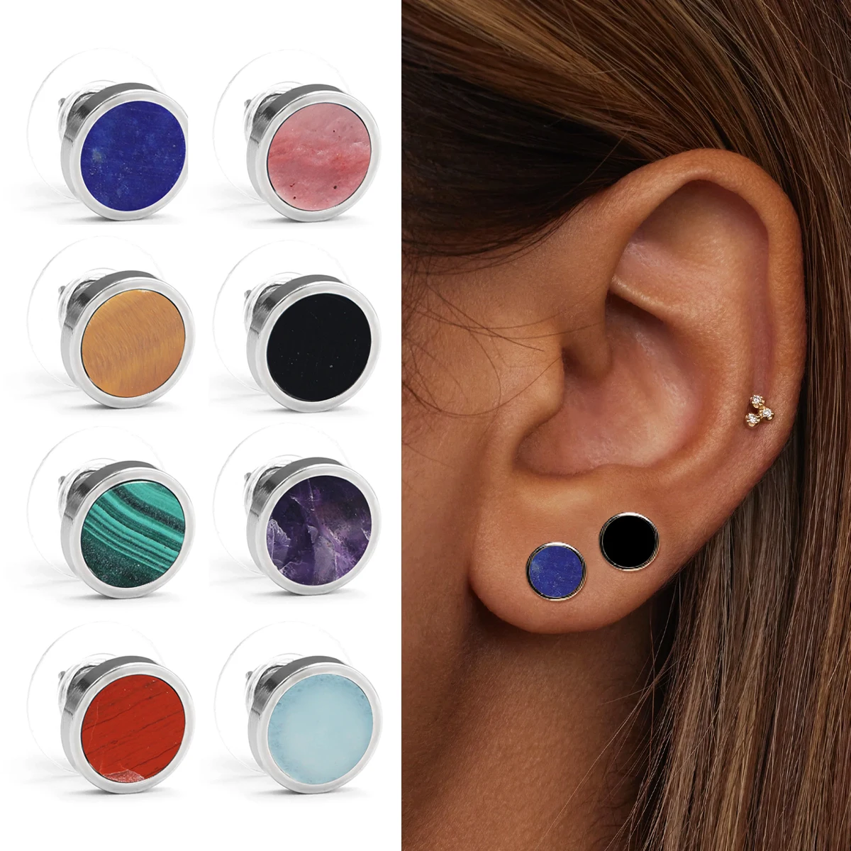 

925 Silver Natural Stone Earrings For Both Boys And Girls, Natural Gemstone Amethyst Obsidian Aquamarine Jewelry Gift