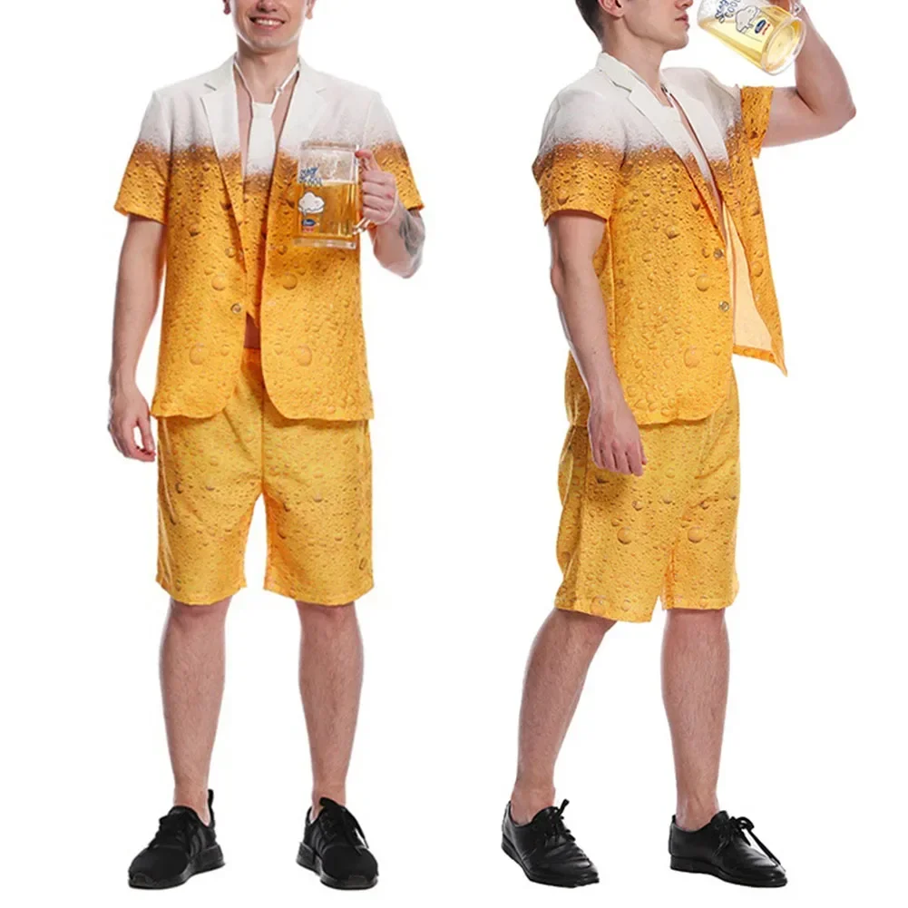 Men\'s Oktoberfest Beer Suit, Funny Humour Stag Party Costume Jacket Pants, 3D Beer Pattern, Cosplay Dress 3Pcs/Set