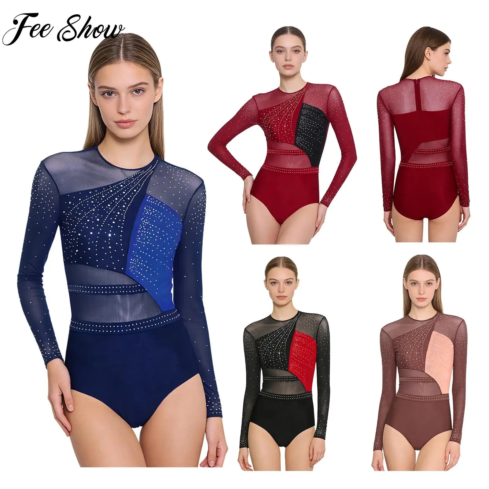 

Adult Women Rhythmic Gymnastics Ballet Dance Stage Performance Costume Rhinestones Long Sleeve Figure Skating Leotards Bodysuit