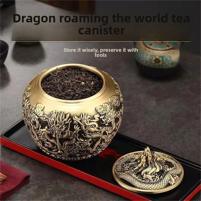 D12- Source Factory Brass Dragon World Tea Can Embossed Kowloon Storage  Can Household  Room Tea Table Ornament Wholesale