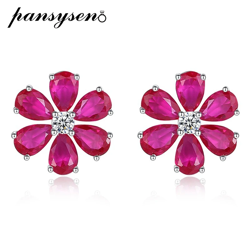 PANSYSEN Romantic 925 Sterling Silver Flower Shape Sapphire Ruby High Carbon Diamond Stud Earrings for Women Wedding Jewelry