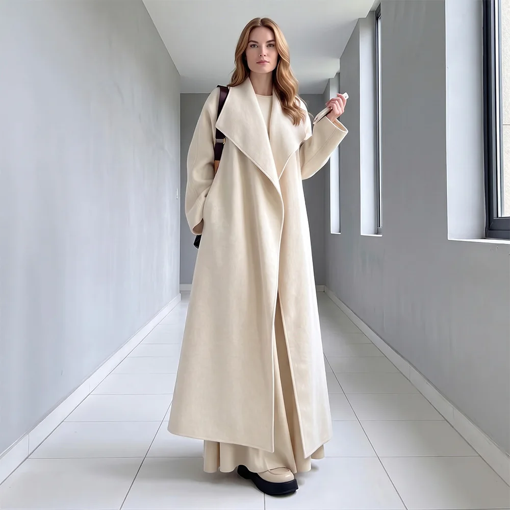 New Women Elegant Daily Double-Faced Wool Coat Autumn Winter Fashion Chic Turn-down Collar Long Wool Blends Coat Simplicity Coat