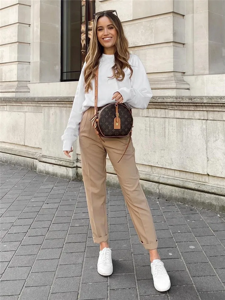 TRAF 2022 Pants For Women Beige High Waist Woman Trousers Office Wear Black White Pants Streetwear Multicolor Baggy Trousers