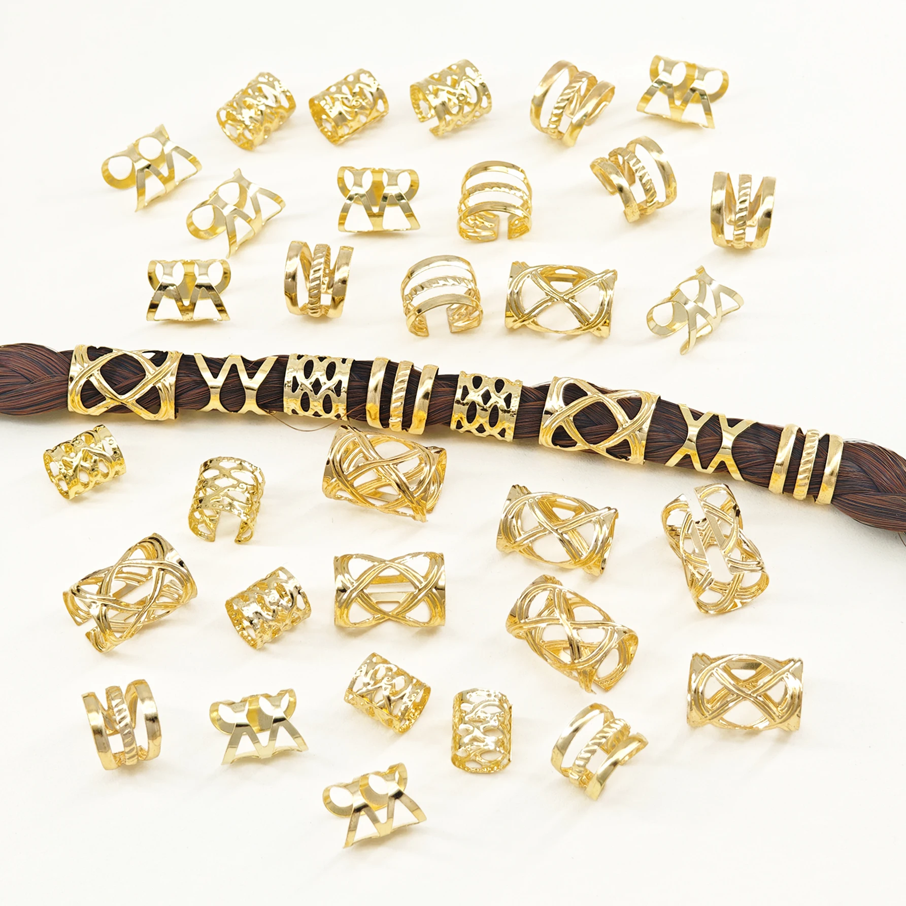 200PCS Golden Vintage Boho Style Alloy Hair Rings Set - Hollow Out Round Hair Accessories for Braids and DIY Hair Design