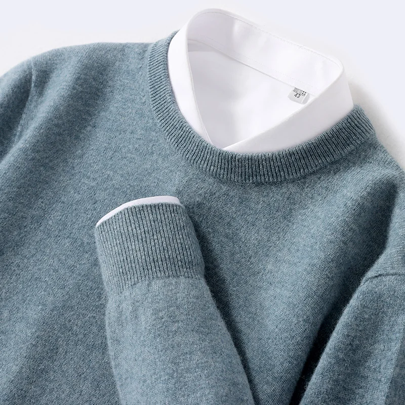 Men's solid color classic O-neck sweater autumn and winter 100% Merino wool knitted pullover long sleeve warm loose top