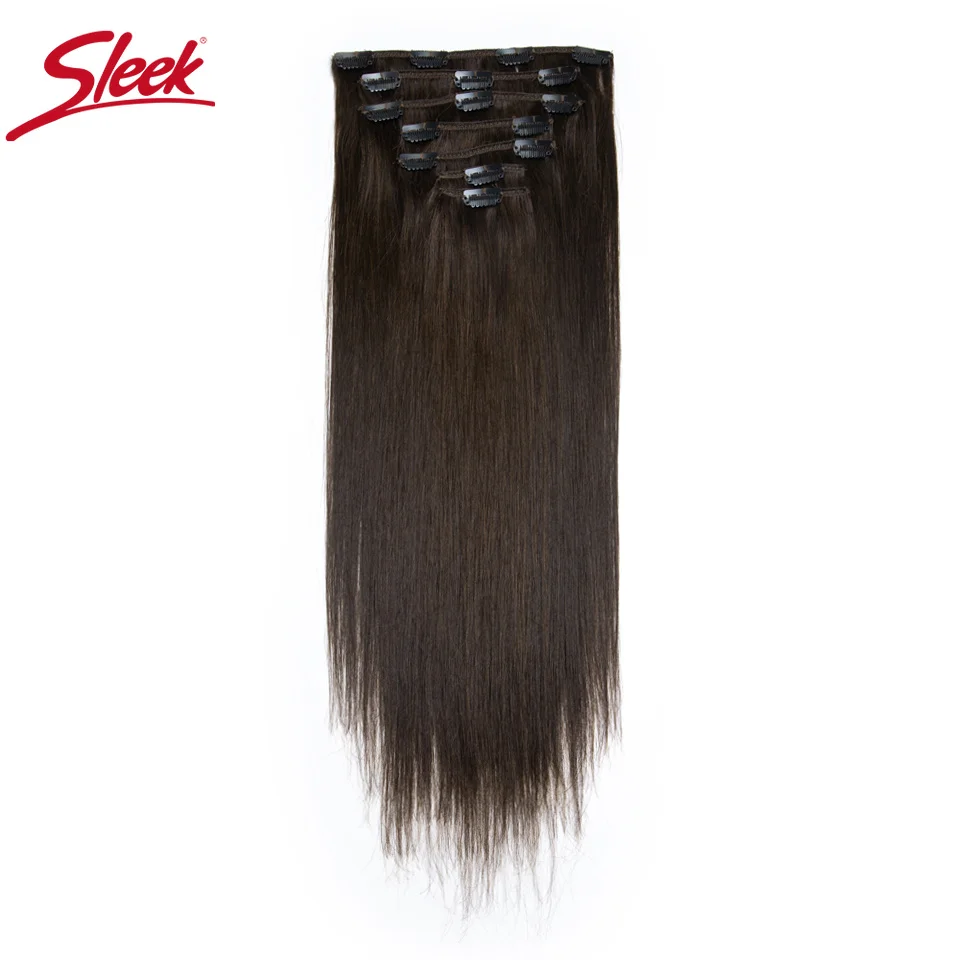 Sleek Clip In Hair Extensions Human Hair Brazilian Straight Clip In Natural Brown Color Clip Ins Remy Hair 7Pcs Set For Women