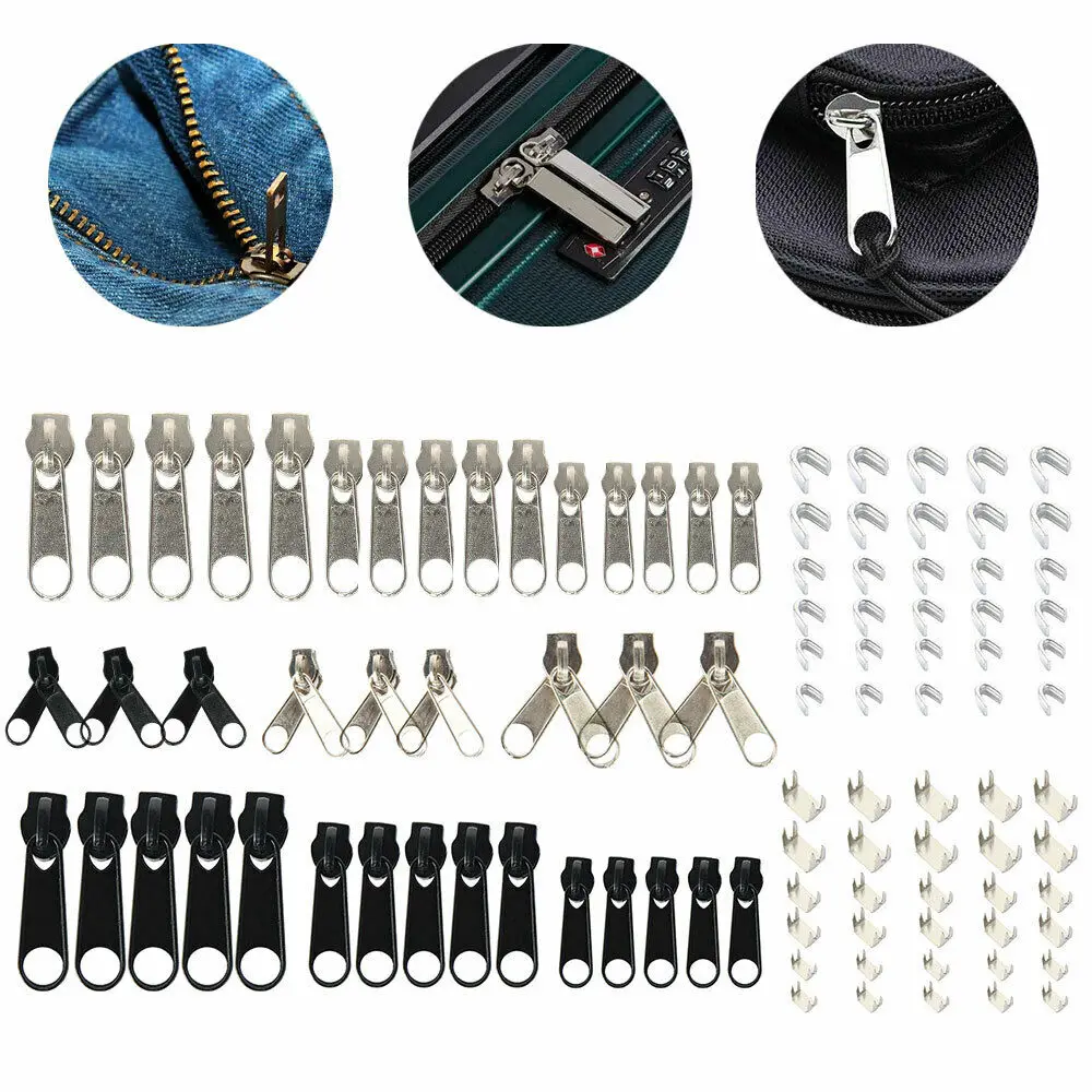 30/84/85pcs Zipper Repair Kit Sliders with Zipper Install Pliers Travel Bag Tent Garment Clothing Zippers Replacement DIY Repair