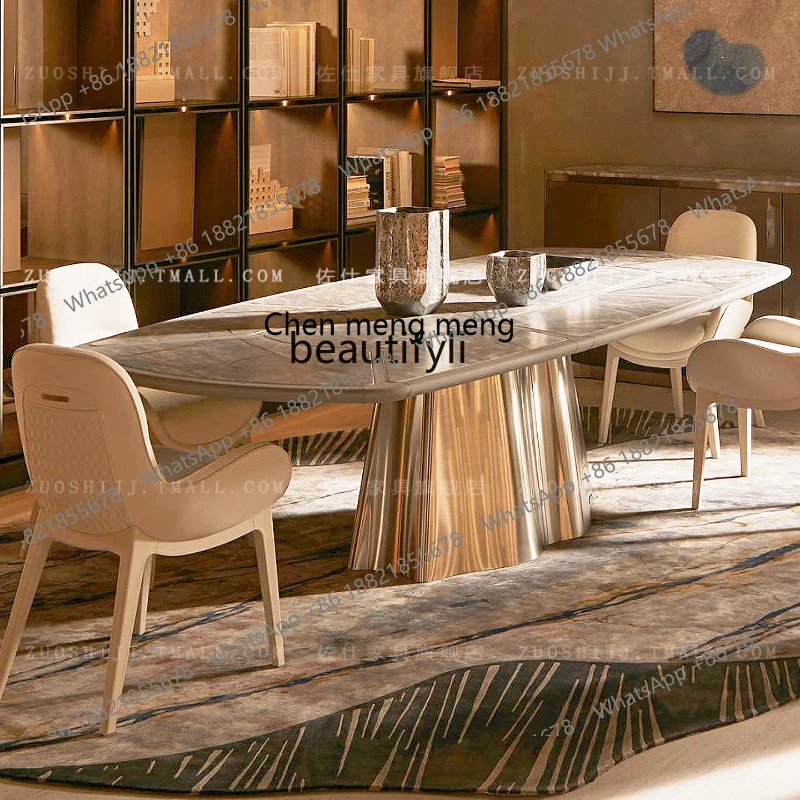 

Luxury Stone Dining Table Stainless Steel Long Dining Table Villa Large Home Dining Table and Chairs