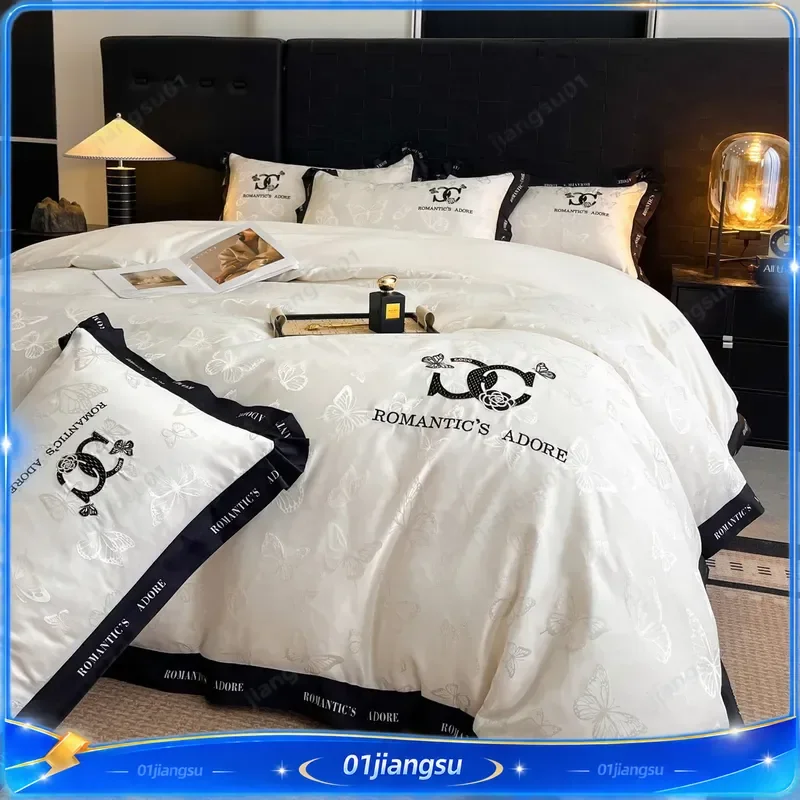 2026 New Trendy Light Luxury Washed Silk Bedding Set 4 Piece Jacquard Embroidery Wide Edge Duvet Cover Sheet Ice Silk