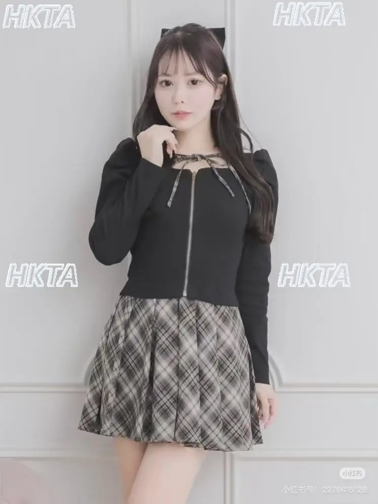 Abito corto pieghettato con cuciture scozzesi invernali giapponesi 2025 da donna pendolarismo dolce collo quadrato manica lunga abito Lolita sottile da donna