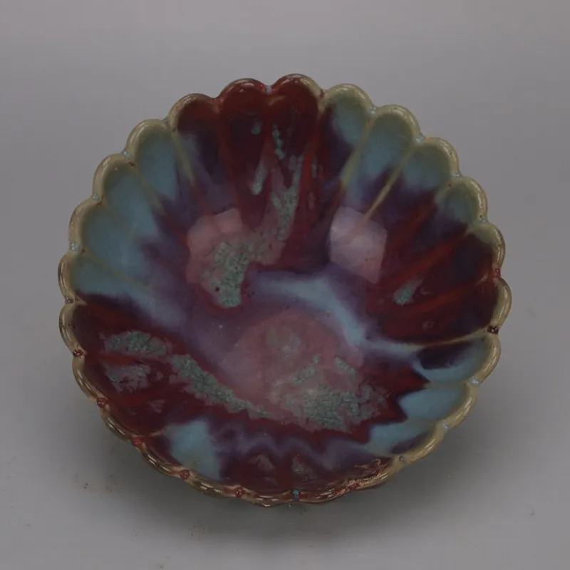 Pure Handmade Chinese Song Jun Ware Blue Glaze Splash Color Lotus Bowl Floral Rim Porcelain Vintage Home Decor Gift