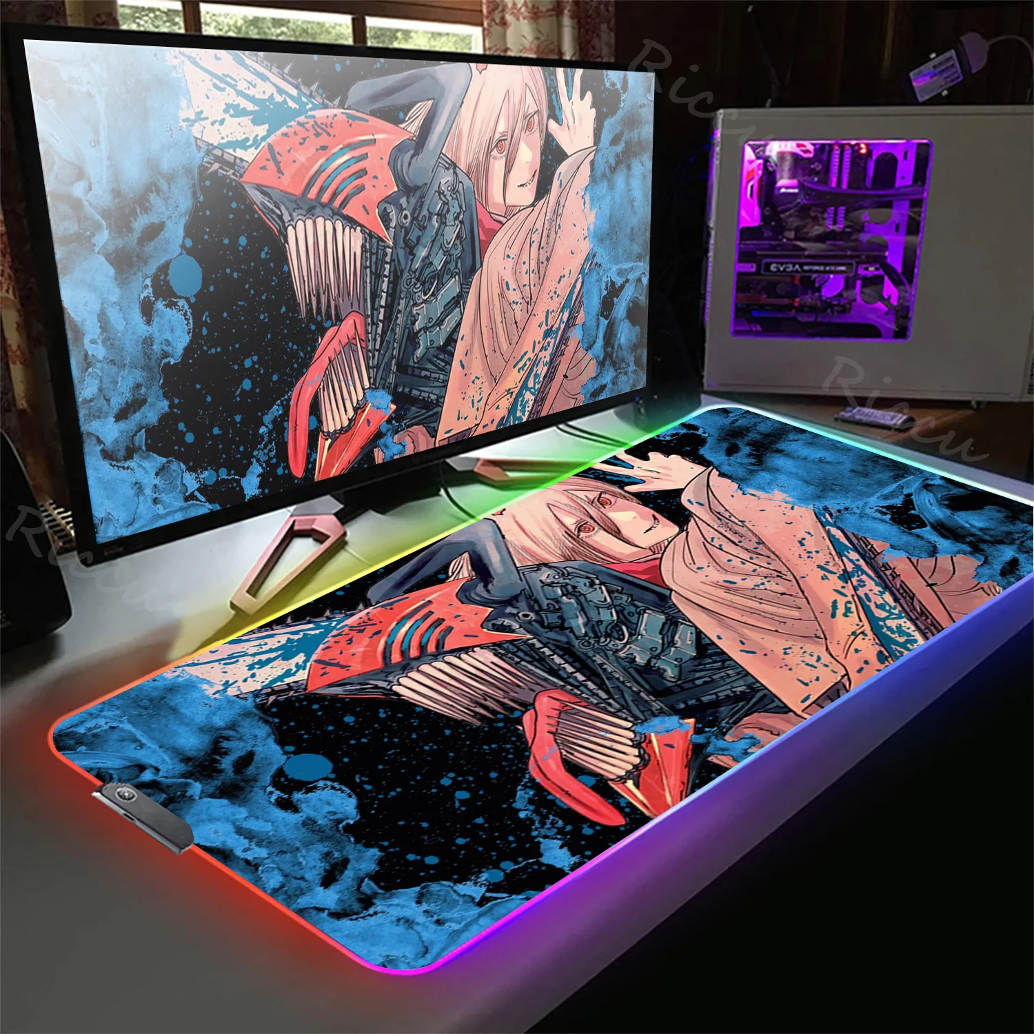 Anime Kawaii RGB Mouse Pad Cartoon Chainsaw Man LED PC Accessories Deskmat Gaming Mousepad Rubber Mat Desk Protector Pads