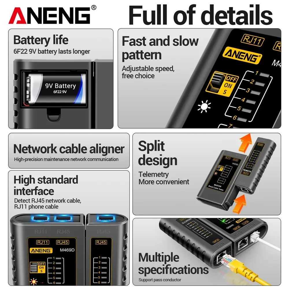 ANENG M469D ネットワークケーブルペアリング機器 ケーブル lan RJ45 RJ11 RJ12 CAT5 UTP LANケーブルテスター 取り外し可能 調整可能速度ツール