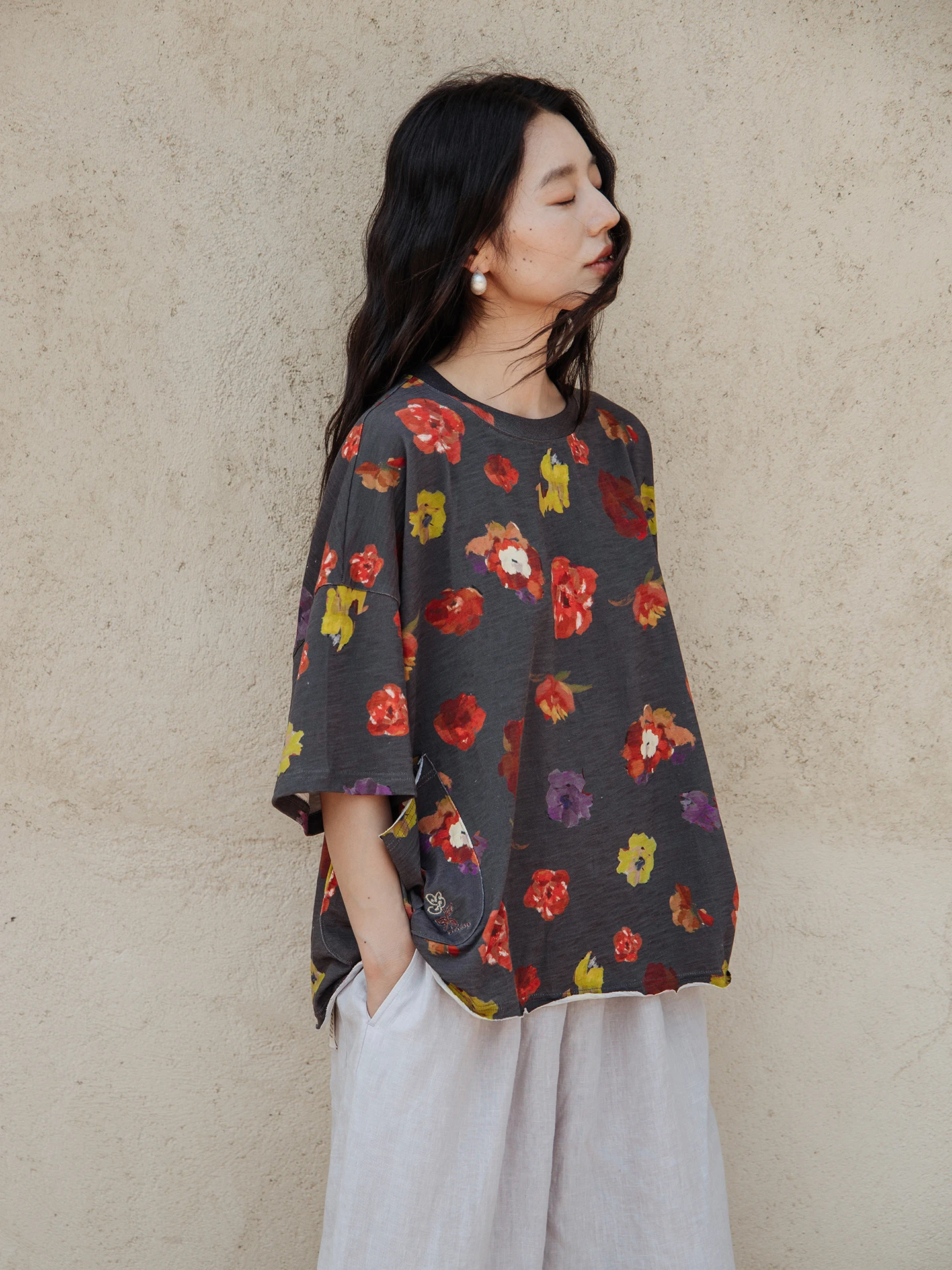 Pure Cotton Loose Fit Short Sleeve T-Shirt Black White Grey Floral Print Casual Style Women's Summer Fashion round Neck Tee