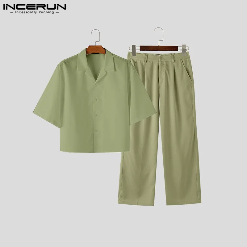 Men's Sets INCERUN Fashion Two-piece Suits Short Sleeve Shirts Long Pants Wide Leg Pant Tops Streetwear Vintage Men Casual Suits - Image 4