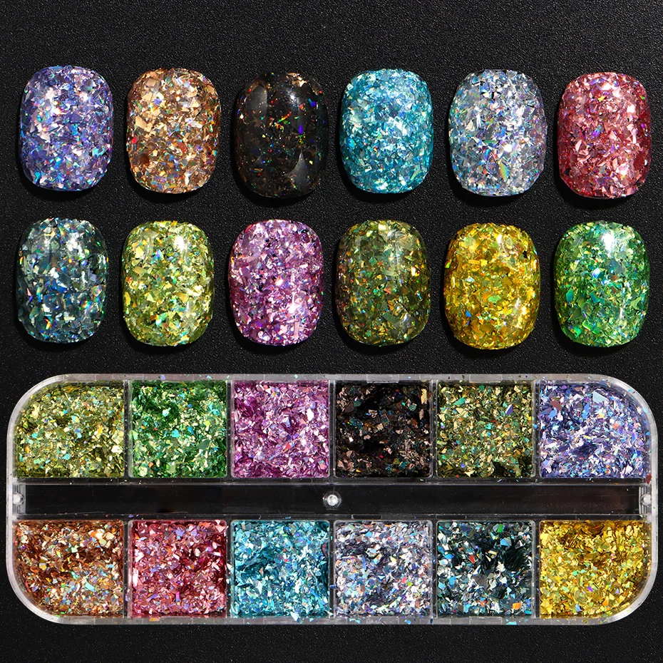 12Grids Holografische Iriserende Nagel Glitter Pailletten Sparkly Laser Onregelmatige Glazen Vlokken Nail Art Diamond Dust Y2K Zeemeermin Decor