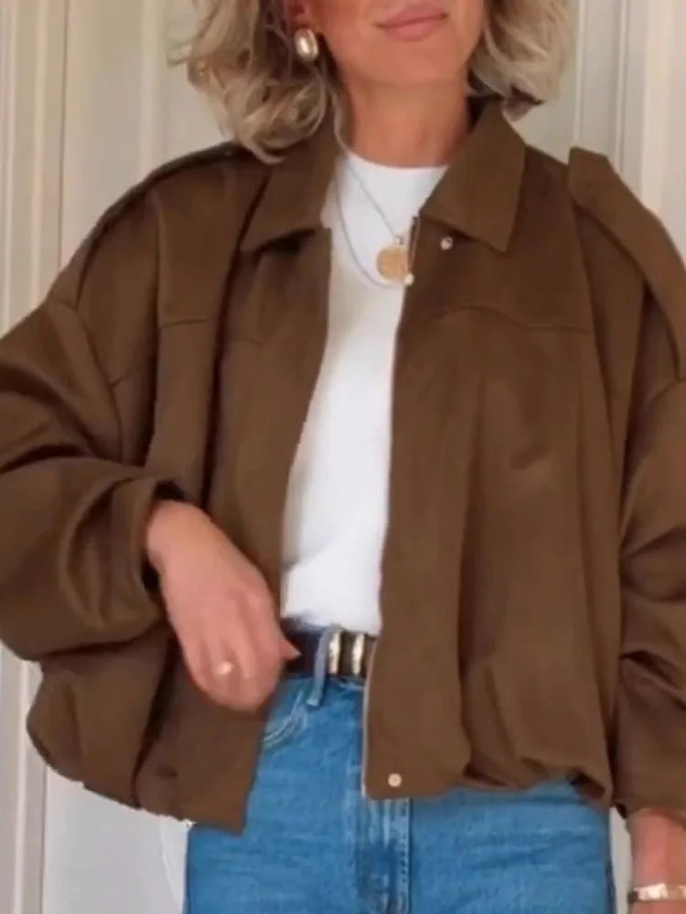 

2025 элегантная однотонная свободная куртка на молнии, осеннее модное пальто с воротником с лацканами, женское повседневное замшевое пальто с длинными рукавами, верхняя одежда