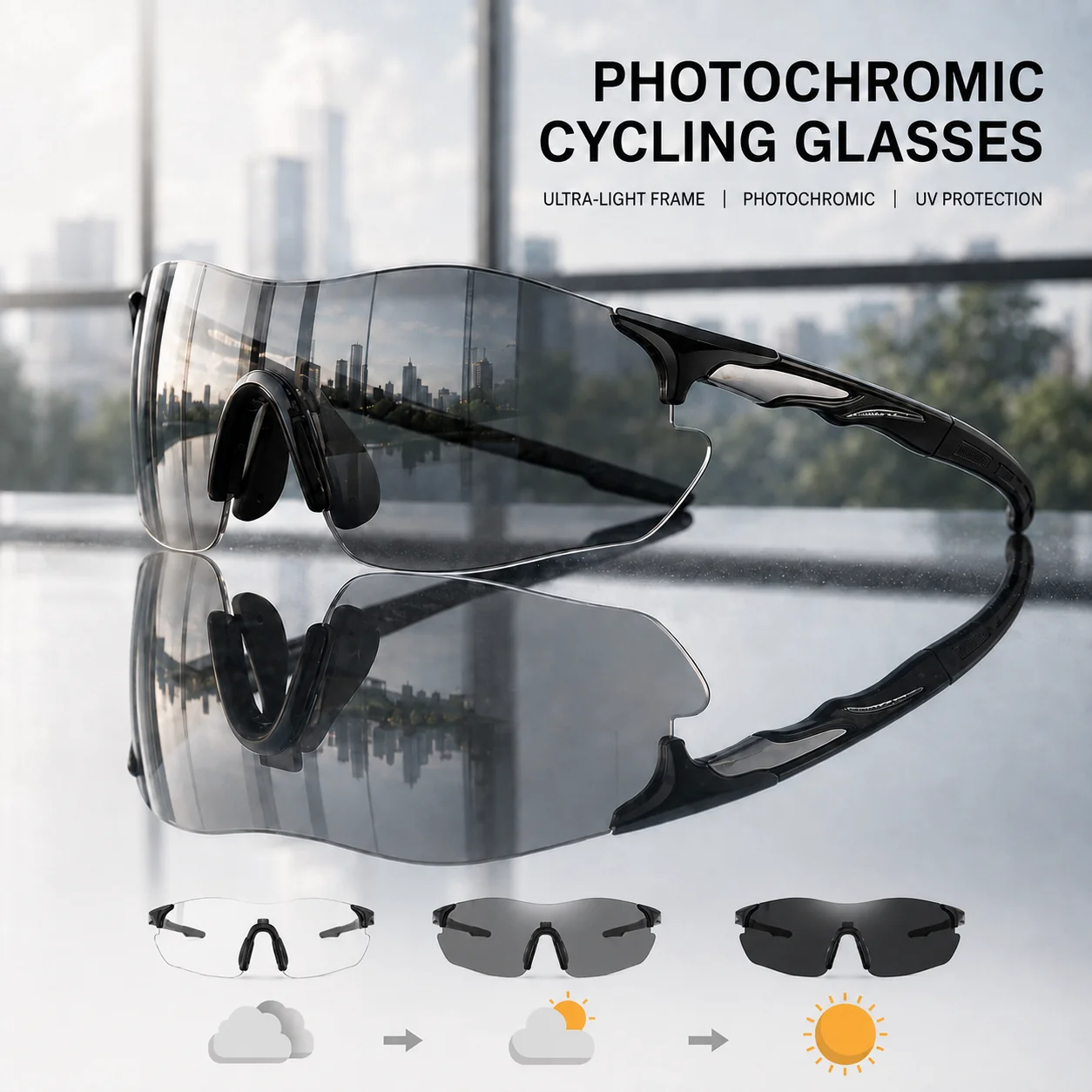 Photochrome Rahmenlose Sportsonnenbrille, UV-Schutz Radbrille für Männer und Frauen, Leichte Outdoor-Sicherheitsbrille – Detail 1