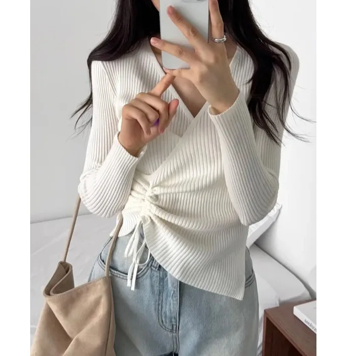 

Женская шикарная футболка Long Sve V-Ne с завязками, облегающий вязаный топ, внутренняя и верхняя одежда, модный корейский слэ