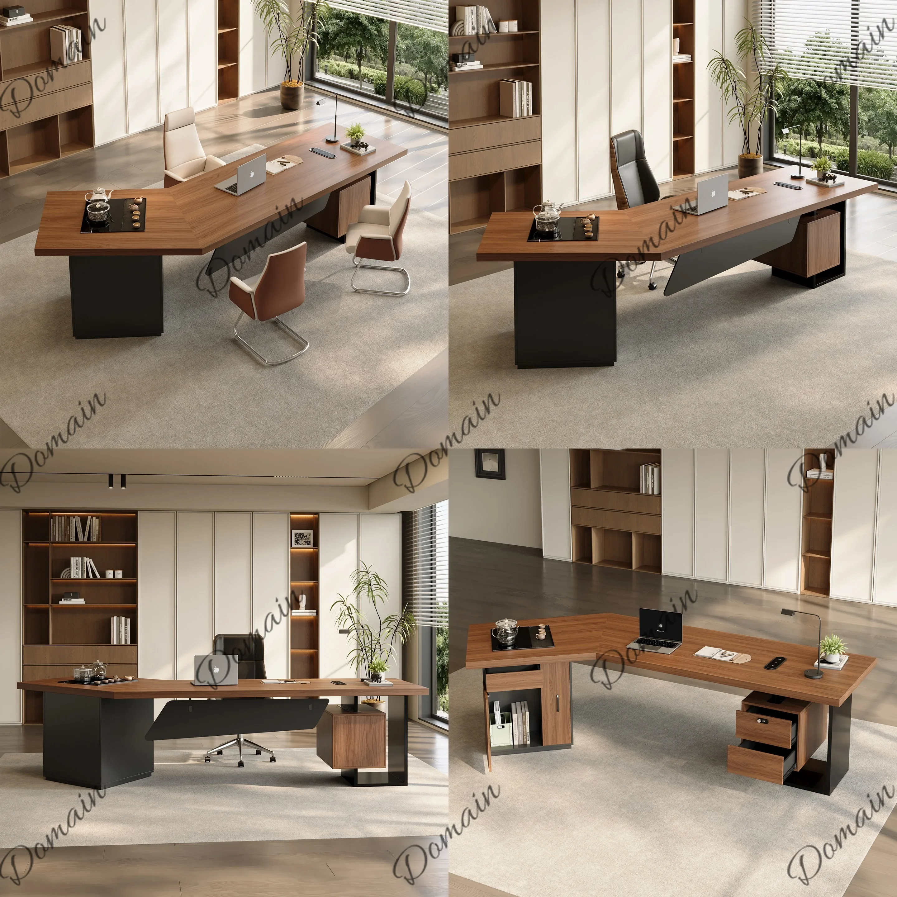 sBc E0 Solid Wood Executive Desk Office Table Set Luxury Manager Desk with Integrated Tea Table
