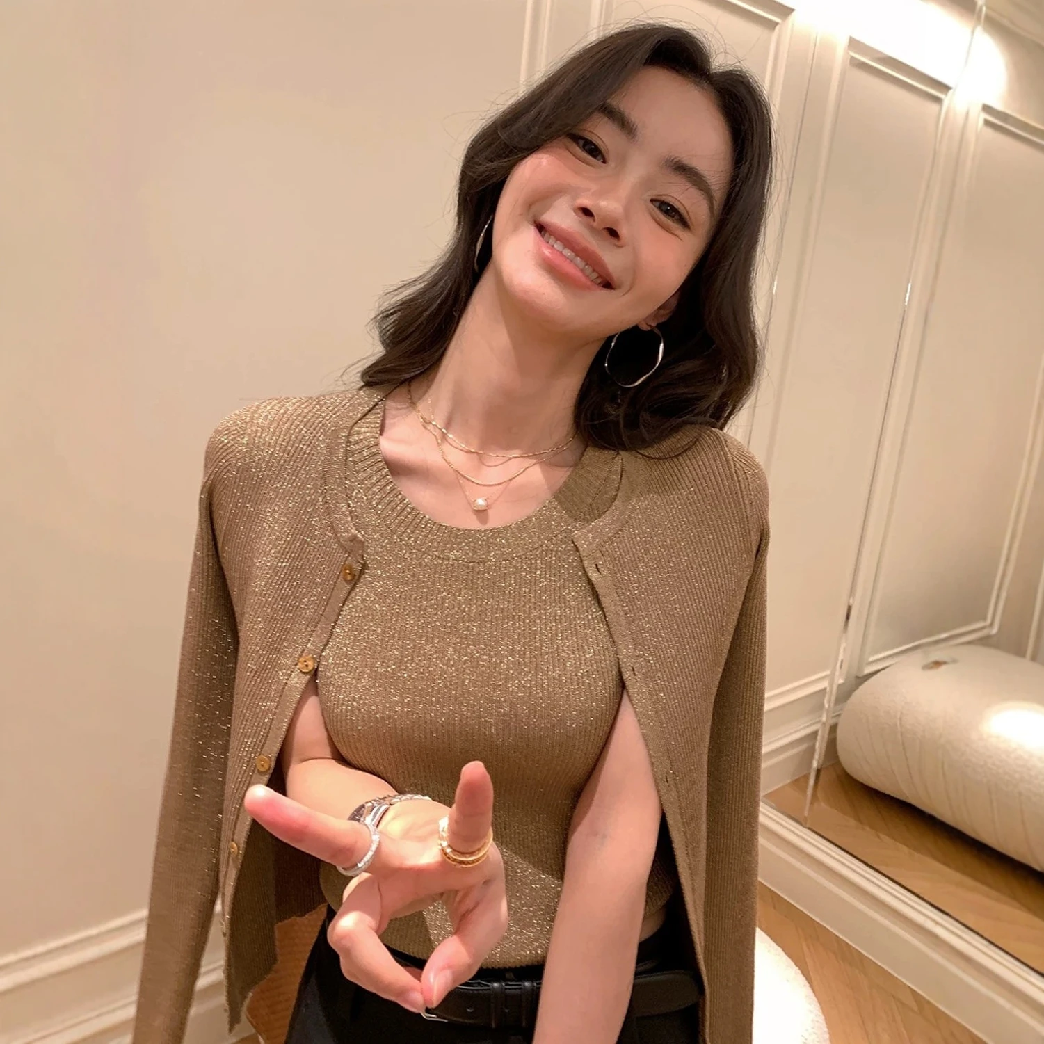 Elegant Knitted Long Sleeve Open Cardigan Vest Women Early Autumn High-End round Neck Sleeveless Slimming Dress Three-Piece Set