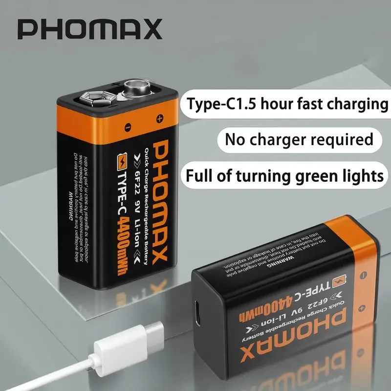 

PHOMAX 9V Lithium Battery High Capacity 4400mWh Fast Charging Lithium-Ion Battery with Type-C (USB-C) Long loading Rechargeable