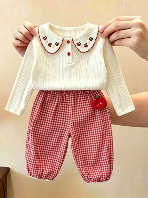 Fashionable Cherry Print Long Sleeve Top And Plaid Pants Two Piece Set for Little Girls Autumn Collection Elegant And Cute