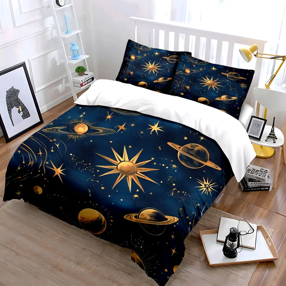 Juego de ropa de cama con diseño de planetas estrellados cósmicos, con 1 funda nórdica y 2 fundas de almohada, individual, doble, King, Queen, regalo
