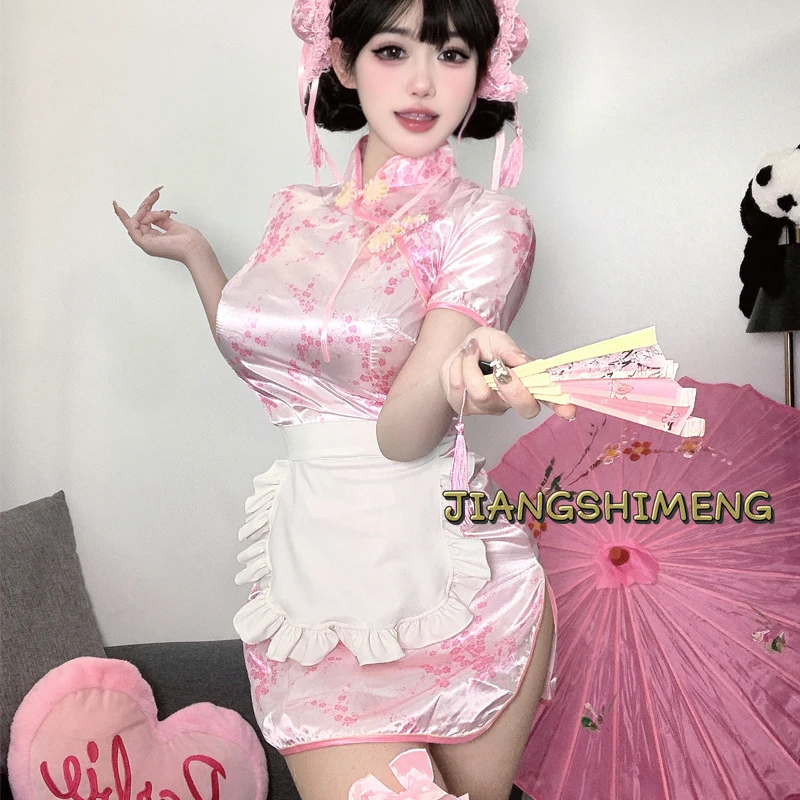 

Sexy Mini High Split Cheongsam Women Vintage Button Short Sleeve Qipao Traditional Chinese Silm Dresses Cosplay Costume